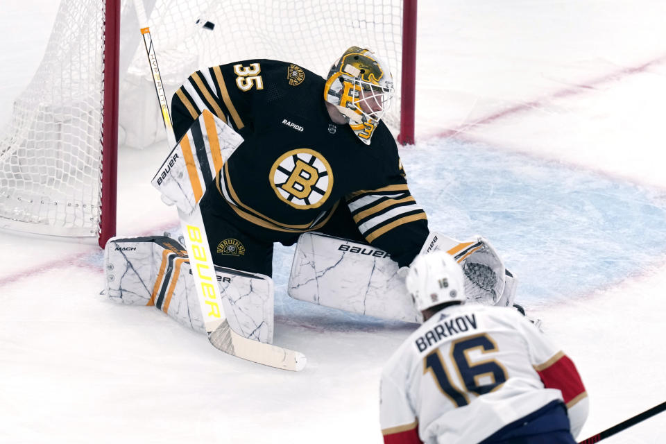 Florida Panthers center Aleksander Barkov (16) scores on Boston Bruins goaltender Linus Ullmark (35) during the first period of an NHL hockey game, Monday, Oct. 30, 2023, in Boston. (AP Photo/Charles Krupa)