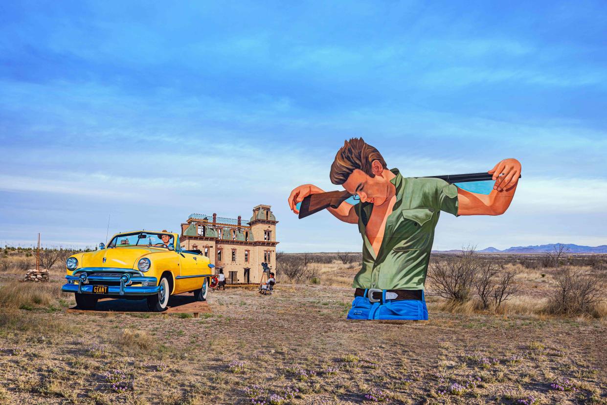 <p>ROBBIE CAPONETTO</p> A mural installation by John Cerney honors the 1956 movie Giant, which was filmed partially in Marfa.