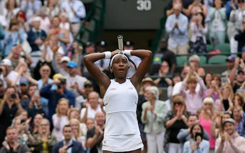 Coco Gauff celebrates her win over Venus last summer - Credit: AP