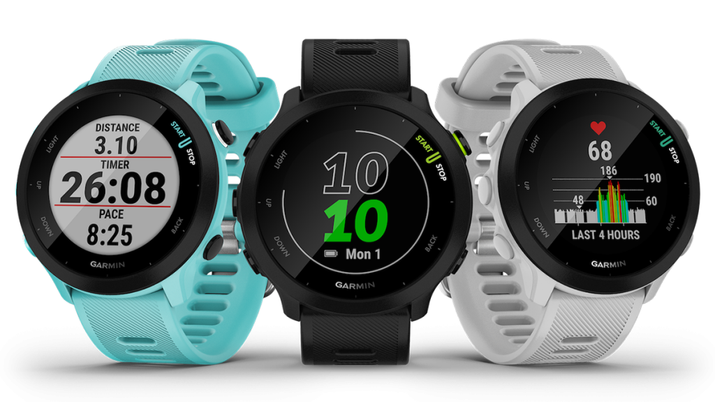 Three Garmin Forerunner 55 watches are photographed. 