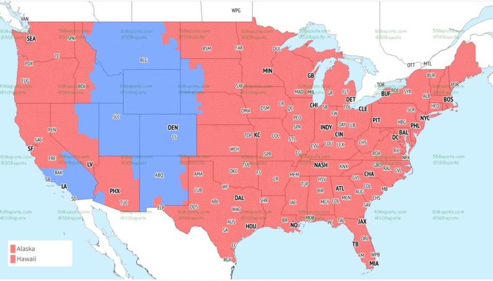 Areas in red will see the Chiefs-Bengals game, while the Chargers-Broncos game is in blue.