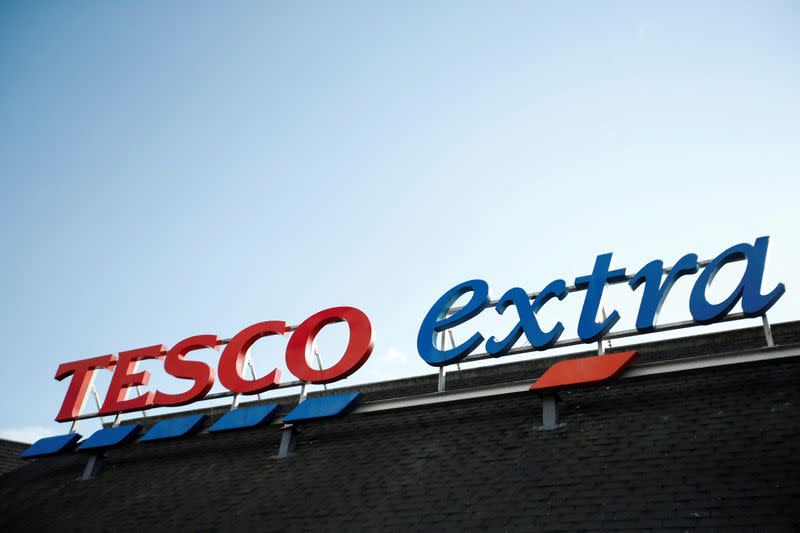 FILE PHOTO: A logo of Tesco is pictured outside a Tesco supermarket in Hatfield