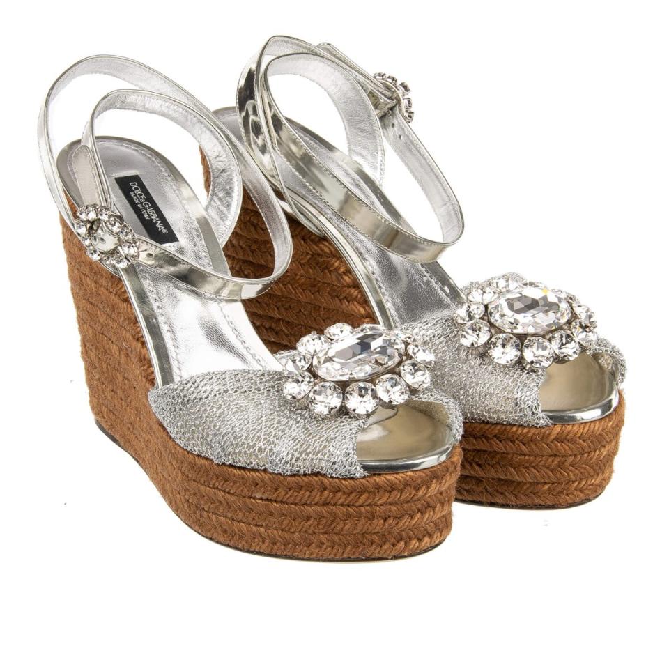 Dolce & Gabbana, silver, brooch, platform, sandal, woven, metallic