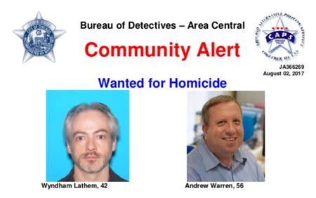 A wanted poster distributed by the Chicago Police Department shows suspects Wyndham Lathem, 42, an associate professor of microbiology and immunology, and Andrew Warren, 56, a financial employee at Britain's Oxford University, in this image released in Chicago, Illinois, U.S. on August 3, 2017. Courtesy Chicago Police Department/Handout via REUTERS