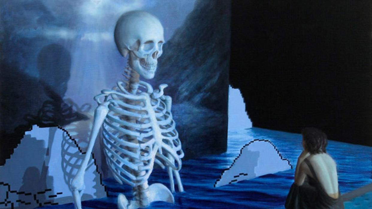  A skeleton standing in water talking to a woman sitting on a sofa. 