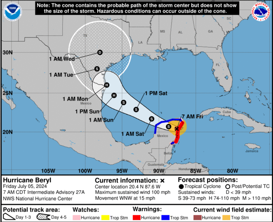 Hurricane Beryl forecast as of 7 a.m. CT on Friday, July 5, 2024.