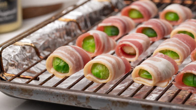 Bacon-wrapped sprouts on roasting tray