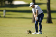 Mackenzie Hughes, of Canada, hits his second shot from the first fairway during the final day of the Sanderson Farms Championship golf tournament in Jackson, Miss., Sunday, Oct. 2, 2022. (AP Photo/Rogelio V. Solis)