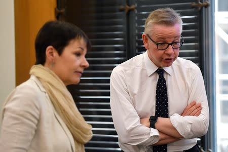 Britain's Secretary of State for Environment, Food and Rural Affairs Michael Gove speaks next to Britain's Green Party MP Caroline Lucas as her guest, Swedish environmental activist Greta Thunberg (not pictured), gives a speech at the House of Commons, in London, Britain April 23, 2019. REUTERS/Toby Melville