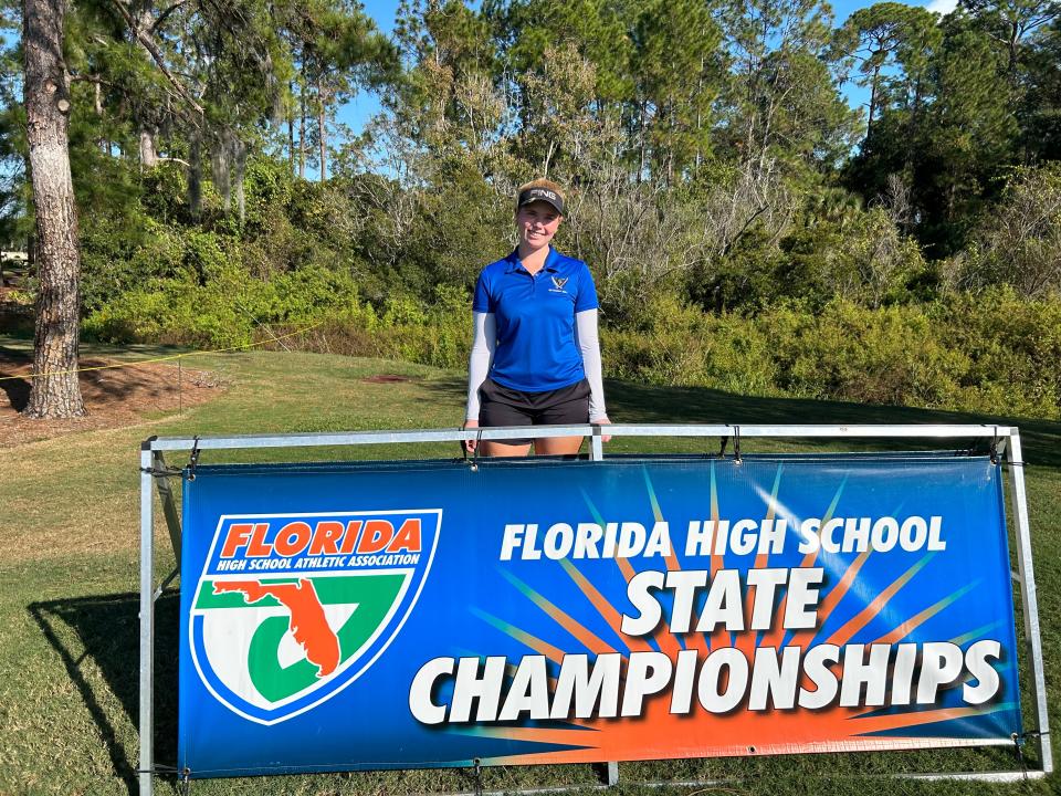 Matanzas' Alexandra Gazzoli smiles after finishing her second round of the Class 2A state golf tournament Wednesday, Nov. 8, 2023, at Mission Inn Resort & Club in Howey-in-the-Hills.