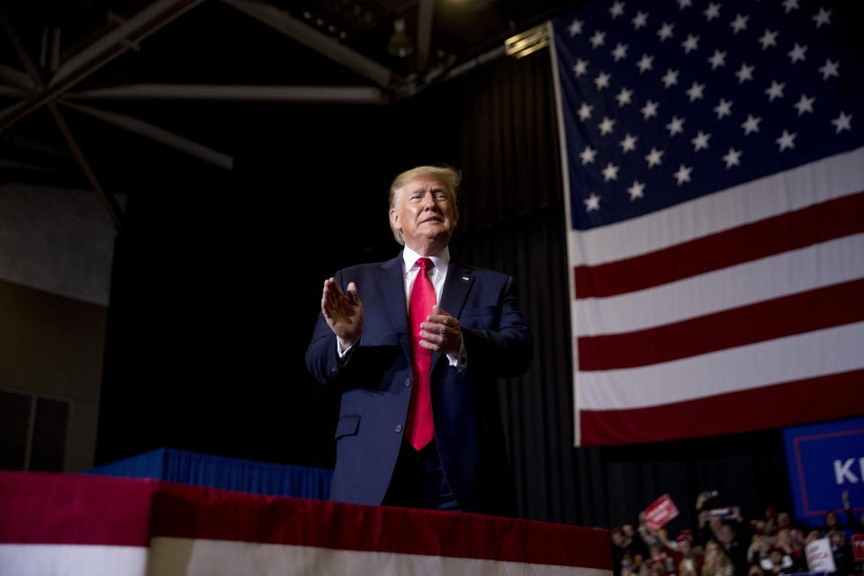 President Donald Trump takes the stage at a rally at BancorpSouth Arena in Tupelo, Miss., Friday, Nov. 1, 2019. (AP Photo/Andrew Harnik)