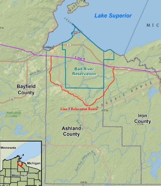 A map showing the proposed reroute by Enbridge Inc. on Line 5, which carries petroleum products through Wisconsin.