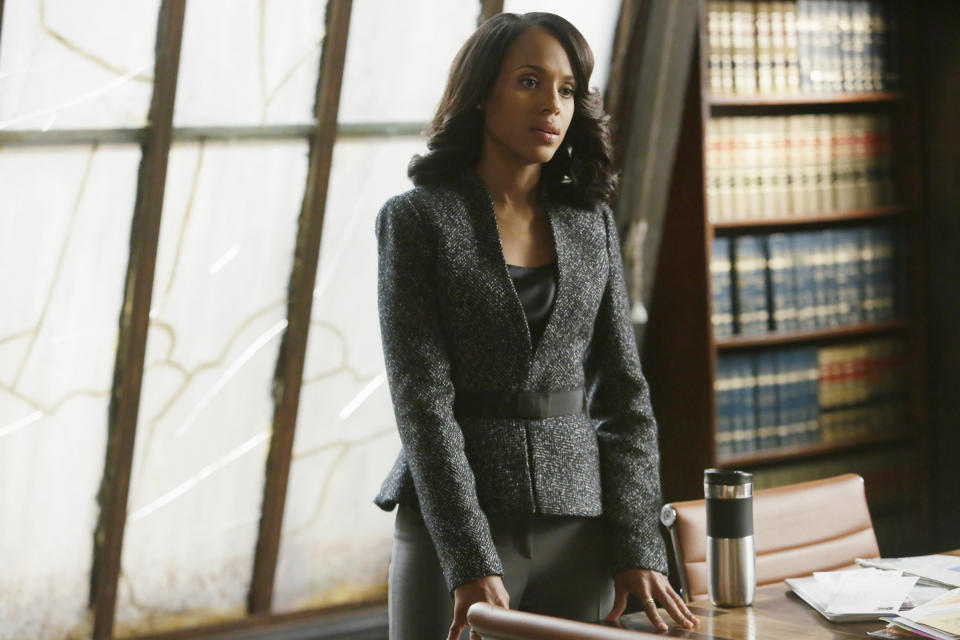 HOThis photo provided by ABC shows, Kerry Washington as Olivia Pope, in the season finale of "Scandal," on the ABC Television Network. Over seven seasons, the juicy drama “Scandal” shifted from a scandal-of-the-week format to a dark examination at the widespread corruption that underlies the government. Pope was a rare female antihero in a Tom Ford power suit. She fixed a presidential election, she bludgeoned a paraplegic to death with a metal chair and blew up a plane full of innocent people in order to kill the president of a fictional Middle Eastern country. (Nicole Wilder/ABC via AP)