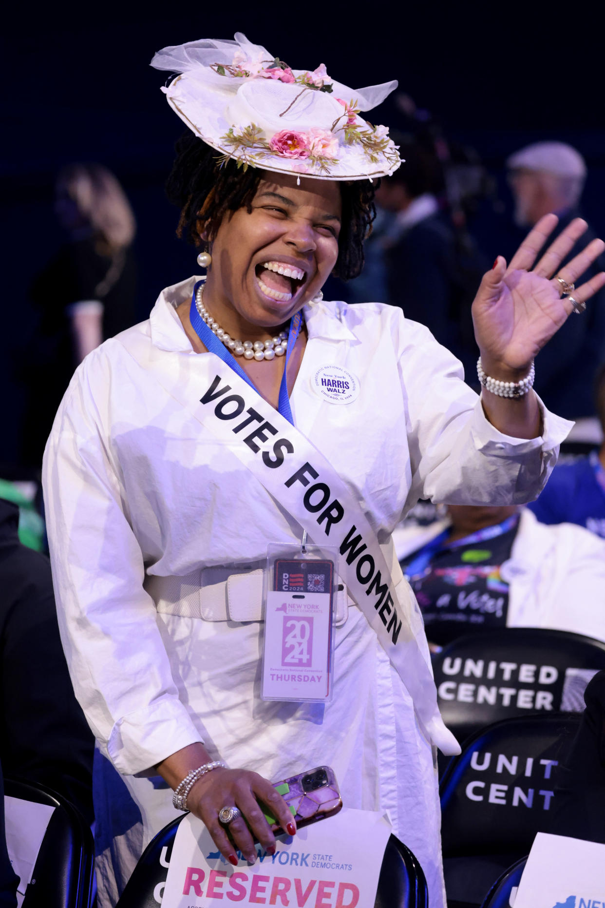 Edwina Martin, New York delegate, pays homage to civil rights and women's suffrage activist Ida B. Wells-Barnett during the Democratic National Convention on Thursday. 