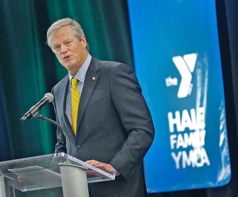 Gov. Charlie Baker talks about the impact of the Hale family's generosity at a rededication of the South Shore YMCA's Quincy location. The branch was renamed the Hale Family YMCA  on Thursday, Aug. 11, 2022.