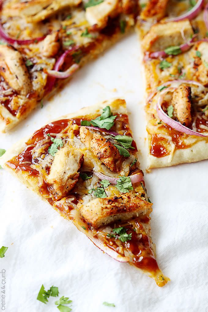 <p>Barbecue is good in literally any form.</p><p>Get the recipe at <a href="http://lecremedelacrumb.com/2014/04/bbq-chicken-flat-bread-pizza.html" rel="nofollow noopener" target="_blank" data-ylk="slk:La Creme de la Crumb" class="link ">La Creme de la Crumb</a>.</p>
