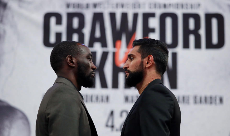 Boxing - Terence Crawford & Amir Khan Press Conference - Madison Square Garden, New York, U.S. - April 17, 2019   Terence Crawford and Amir Khan go head to head during the press conference    Action Images via Reuters/Andrew Couldridge