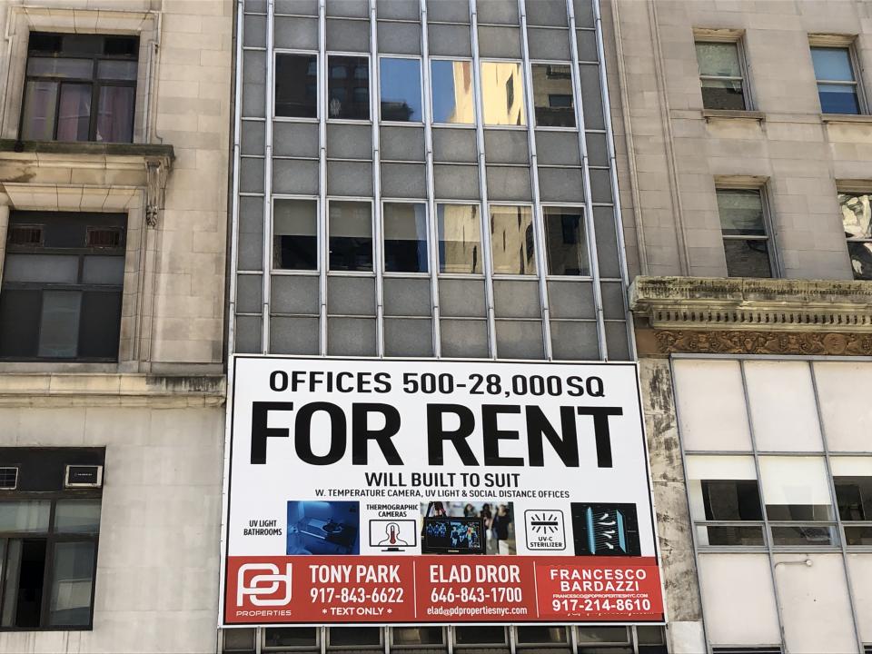 For Rent sign on commercial office building, Midtown Manhattan, New York. (Photo by: Lindsey Nicholson/UCG/Universal Images Group via Getty Images)