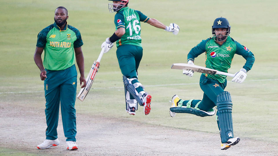 Cricket fans were quick to point out just how similar South Africa and Pakistan's ODI uniforms were in the first match of their ODI series. (Photo by PHILL MAGAKOE/AFP via Getty Images)