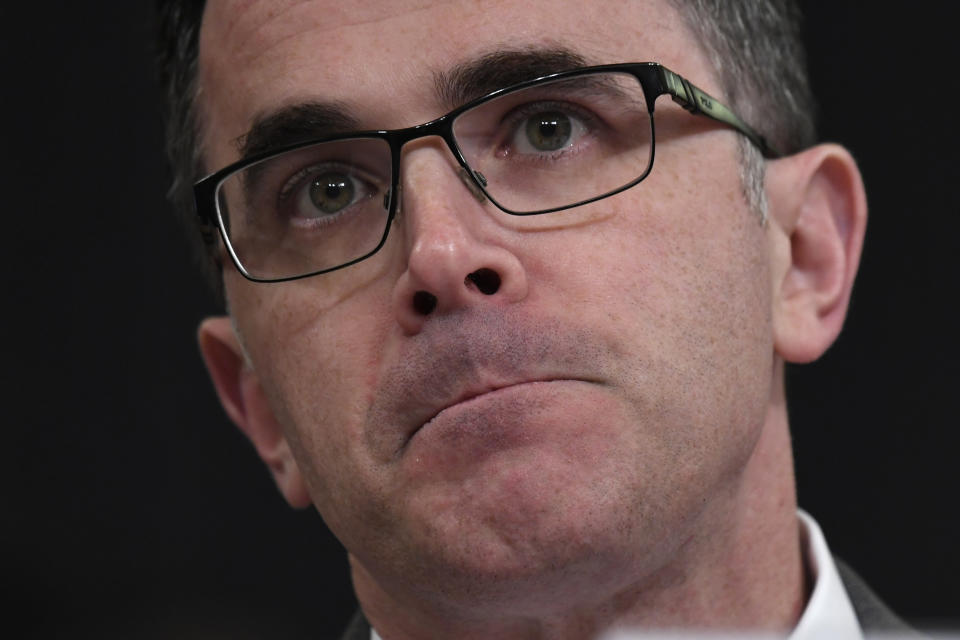 Tim Morrison, a former official at the National Security Council, testifies before the House Intelligence Committee on Capitol Hill in Washington, Tuesday, Nov. 19, 2019, during a public impeachment hearing of President Donald Trump's efforts to tie U.S. aid for Ukraine to investigations of his political opponents.(AP Photo/Susan Walsh)