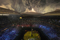 View of the fireworks at the Al Bayt Stadium during the opening ceremony before the World Cup, group A soccer match between Qatar and Ecuador at the Al Bayt Stadium in Al Khor , Qatar, Sunday, Nov. 20, 2022. (AP Photo/Thanassis Stavrakis)