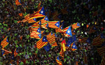 Esteladas (Catalan separatist flags) are waved as thousands of people gather for a rally on Catalonia's national day 'La Diada' in Barcelona, Spain, September 11, 2017. REUTERS/Susana Vera