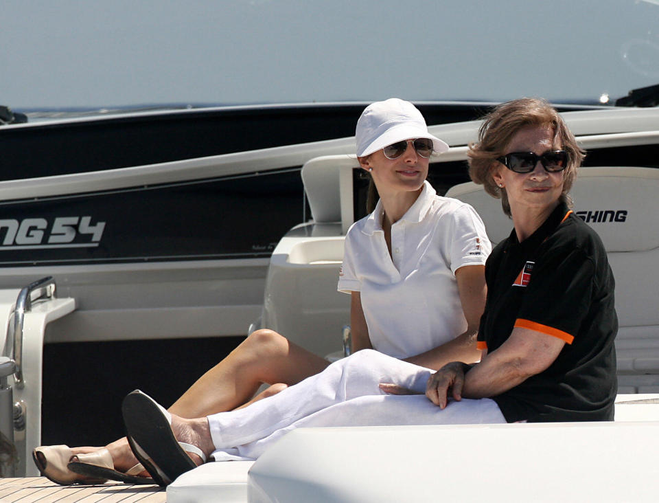 Spain's Princess Letizia (L) and Queen Sofia watch the third day of racing in the Copa del Rey regatta off the coast of Palma de mallorca on July 30, 2008. The Royal Family are spending their traditional summer holidays at the Marivent Palace on the island. AFP PHOTO/ Jaime REINA (Photo credit should read JAIME REINA/AFP/Getty Images)