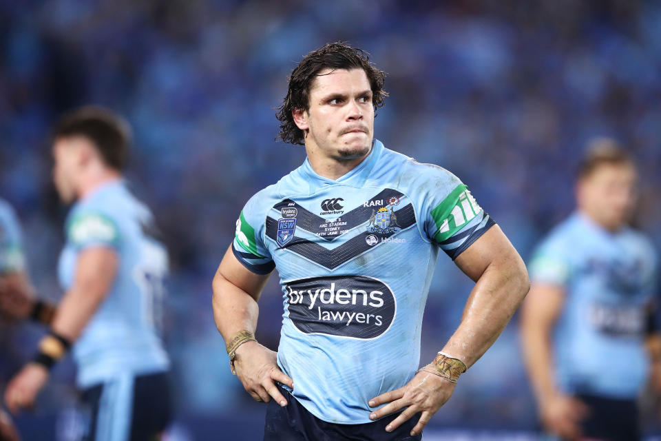 SYDNEY, AUSTRALIA - JUNE 24: James Roberts of the Blues looks dejected as he leaves the field after being sin-binned during game two of the State of Origin series between the New South Wales Blues and the Queensland Maroons at ANZ Stadium on June 24, 2018 in Sydney, Australia. (Photo by Mark Kolbe/Getty Images)