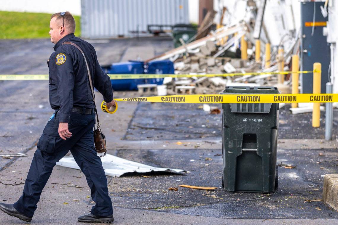 A building near the corner of Versailles Road and Bennett Avenue sustained damage during storms in Lexington, Ky., on Tuesday, April 2, 2024.