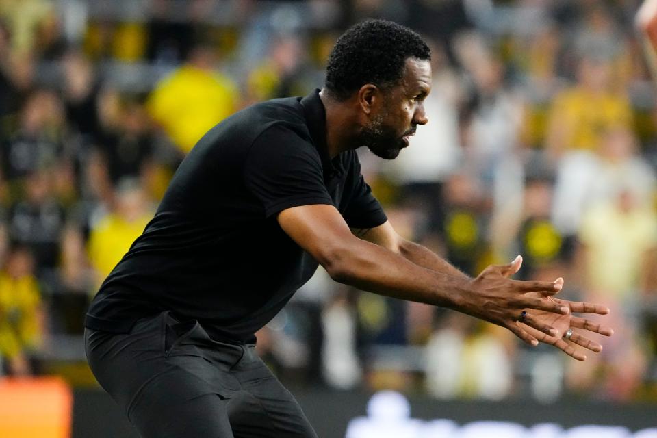 Jul 1, 2023; Columbus, Ohio, USA;  Columbus Crew head coach Wilfried Nancy motions to his team during the second half of the MLS soccer game against the New York Red Bulls at Lower.com Field. The Crew won 2-1.