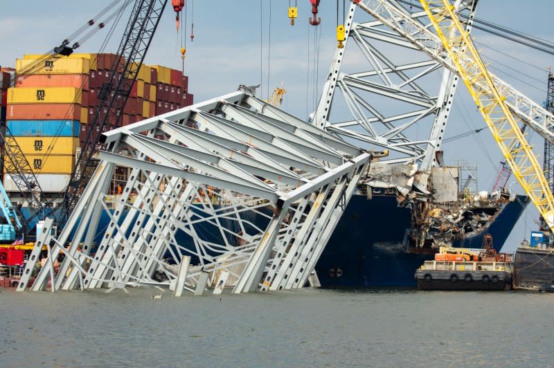 Salvors with the Unified Command continue wreckage removal from the M/V DALI and surrounding area in Baltimore Harbor on May 7. Photo by Christopher Rosario/U.S. Army Corps of Engineers/UPI