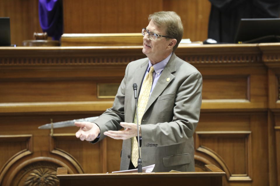 South Carolina Sen. Richard Cash, R-Powdersville, speaks in favor of a bill that would ban gender-affirming care for transgender minors on Wednesday, May 1, 2024, in Columbia, S.C. (AP Photo/Jeffrey Collins)