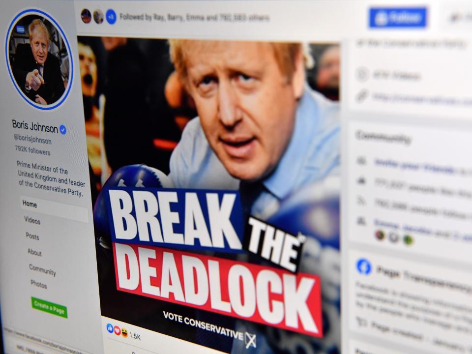 A photo illustration taken in December 2019 shows Boris Johnson's Facebook page (AFP via Getty Images)