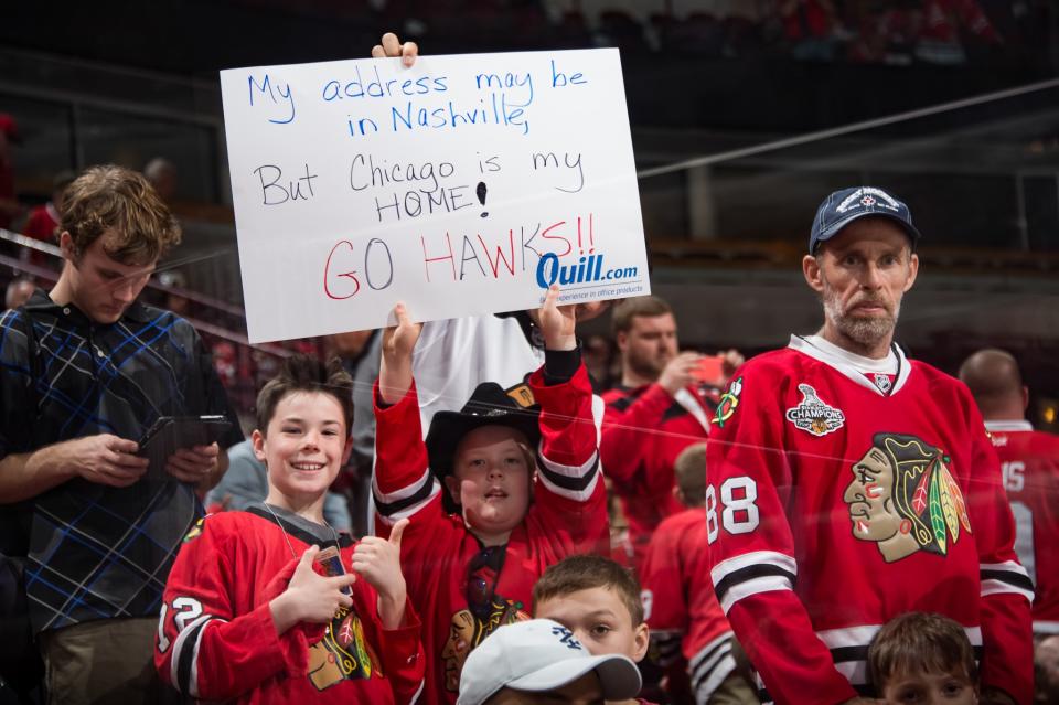 <p>A fan holds up a sign during Game Two of the Western Conference First Round between the Chicago Blackhawks and the Nashville Predators during the 2017 NHL Stanley Cup Playoffs at the United Center on April 15, 2017 in Chicago, Illinois. (Photo by Bill Smith/NHLI via Getty Images) </p>