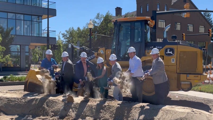 From left to right: state Sen. Roger Victory, R-Hudsonville, Holland Township Manager Steve Bulthuis, Holland Mayor Nathan Bocks, Lakeshore Advantage President Jennifer Owens, Local Development Finance Authority Board Chair Brian Burch, state Rep. Greg VanWoerkom, R-Norton Shores, U.S. Rep. Bill Huizenga, R-Zeeland. (Aug. 31, 2023)