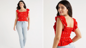 Sofia Jeans Double Ruffle Embroidered Top