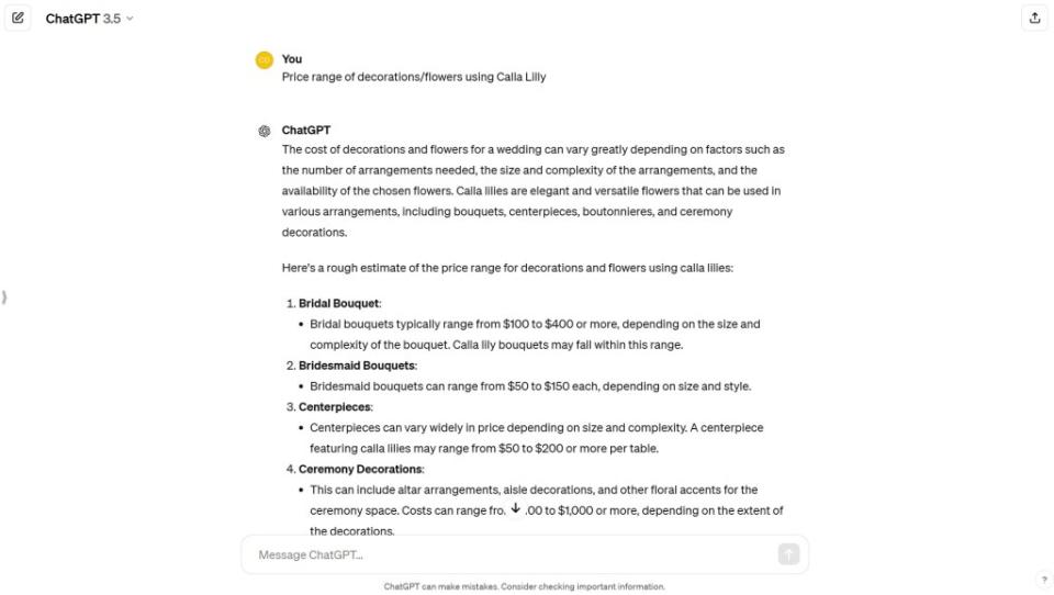 In addition to not hiring a wedding planner, Cortese won’t be hiring a florist for her big day. Instead, she’s trusting ChatGPT to school her on arranging the bouquets as a low cost, do-it-yourself project. Courtesy of Maria Cortese