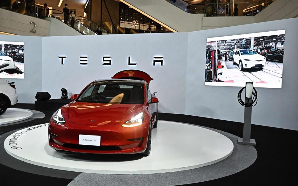 The Tesla Model 3 unveiled during an event in Bangkok this month - LILLIAN SUWANRUMPHA/AFP via Getty Images