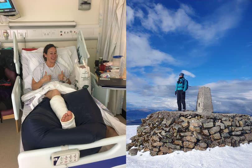 Claire Hughes in hospital (left) and during her triathlon (right)