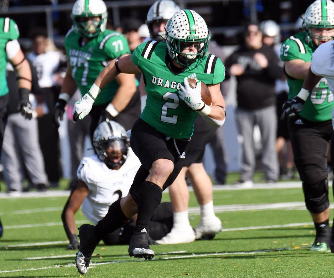 Southlake Carroll’s Owen Allen breaks away for a 34 yard touchdown run to tie Denton Guyer 7-7 in the first quarter of Saturday’s December 3, 2022 6A Division 2 Region 1 Finals playoff football game at the Northwest ISD Stadium in Justin, Texas. Special/Bob Haynes