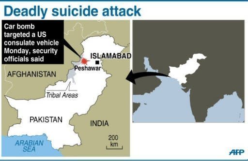 A suicide car bomber rammed a US consulate vehicle in Pakistan on Monday, killing at least two people in the deadliest attack targeting Americans in the country in more than two years