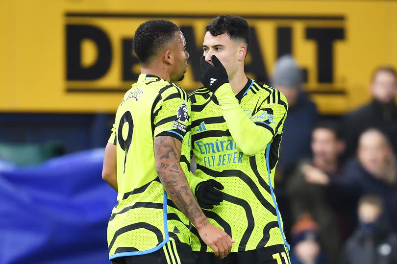 Gabriel Jesus and Gabriel Martinelli of Arsenal celebrate after scoring