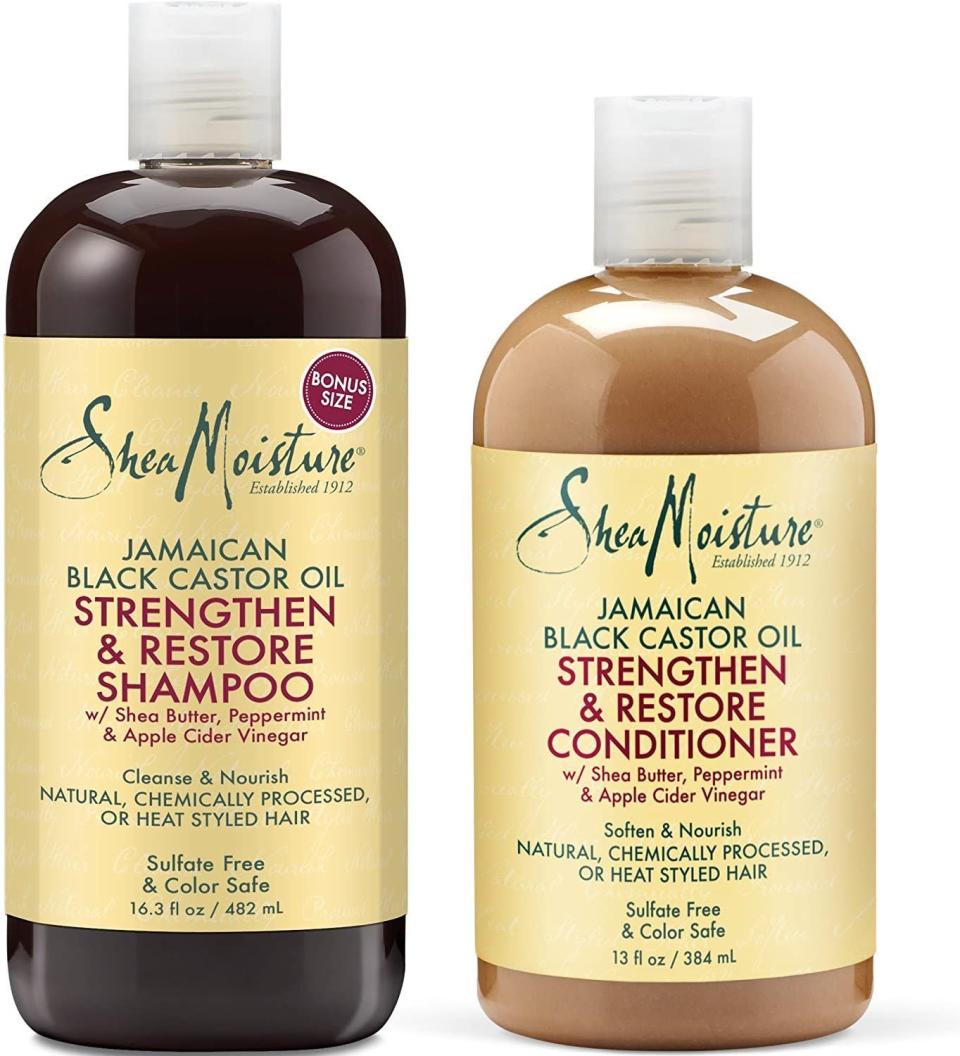 <p><strong>SheaMoisture</strong></p><p>amazon.com</p><p><strong>$23.89</strong></p><p><a href="https://www.amazon.com/Shea-Moisture-Strengthen-Conditioner-Combination/dp/B0157K2GZO/?tag=syn-yahoo-20&ascsubtag=%5Bartid%7C10051.g.14432639%5Bsrc%7Cyahoo-us" rel="nofollow noopener" target="_blank" data-ylk="slk:Shop Now" class="link ">Shop Now</a></p><p>This shampoo cleanses the scalp without drying it out like other formulas with harsh chemicals can. You’ll get a thorough cleanse without compromising moisture. Plus, the conditioner nourishes hair, leaving a silky smooth feeling behind post-shower.</p>