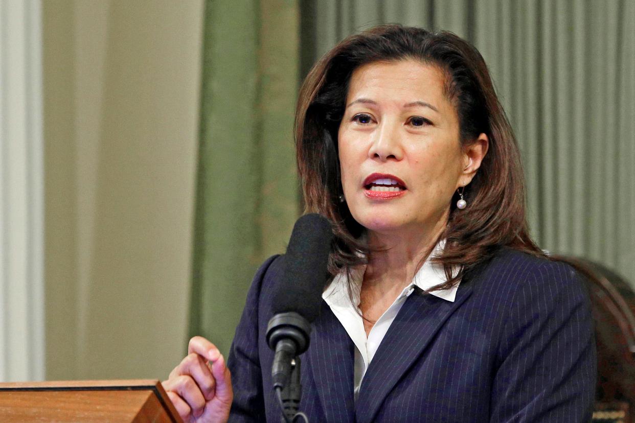 California Supreme Court Chief Justice Tani Gorre Cantil-Sakauye delivers her State of the Judiciary address at the Capitol in Sacramento, Calif., on March 23, 2015. The California Supreme Court's chief justice said Wednesday, July 27, 2022, that she will not seek a second 12-year term in November and will conclude her current term of office on January 1.