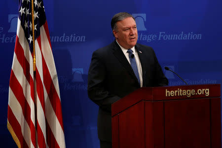 U.S. Secretary of State Mike Pompeo delivers remarks on the Trump administration's Iran policy at the Heritage Foundation in Washington, U.S. May 21, 2018. REUTERS/Jonathan Ernst