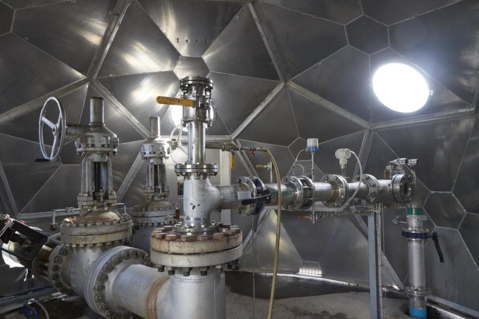 Pipework inside a pod, operated by Carbfix, containing technology for storing carbon dioxide underground, in Hellisheidi, Iceland.