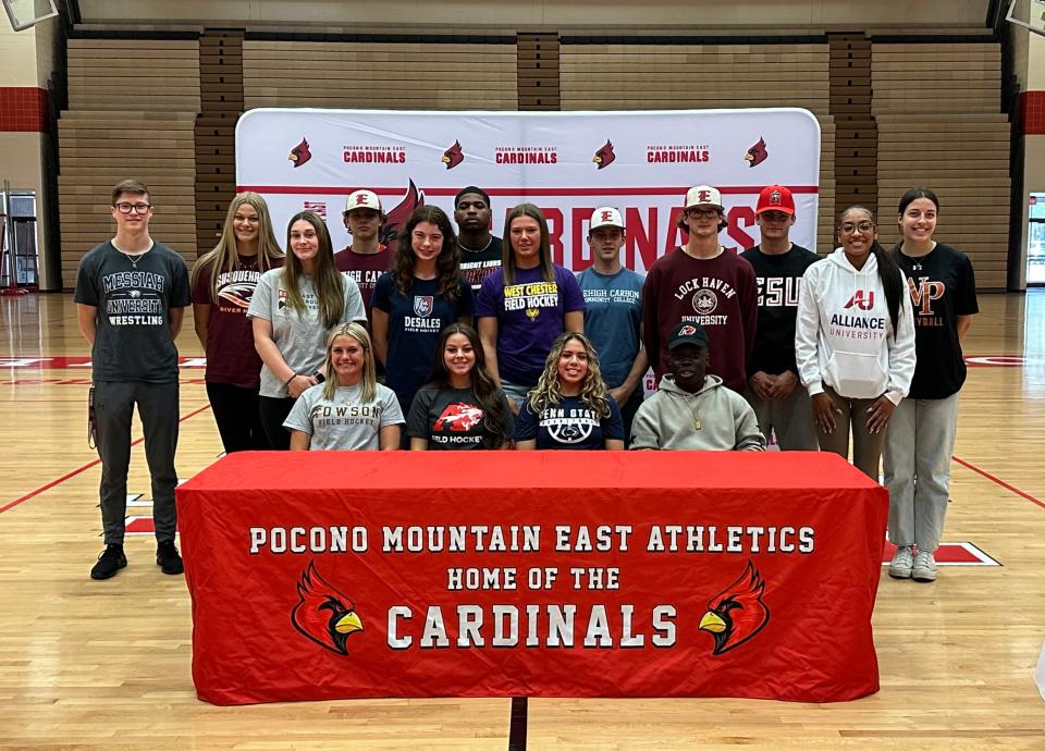 Pocono Mountain School District signed 17 seniors on their College Commitment Night on May 8, 2023. Backrow Left to right: Michael Hollar, Ashley Carlson, Ethan Kauffman, D’John Kelley, Michael Price, Gavin Sopko, Sofia Zablackis. Middle row: Carly Reed, Megan McLain, Mikenna Price, Evan Schmelz, Jayla South. Front row: Olivia Handelong, Jessica Butz, Gabriella Maldonado, Fredrick Owusu