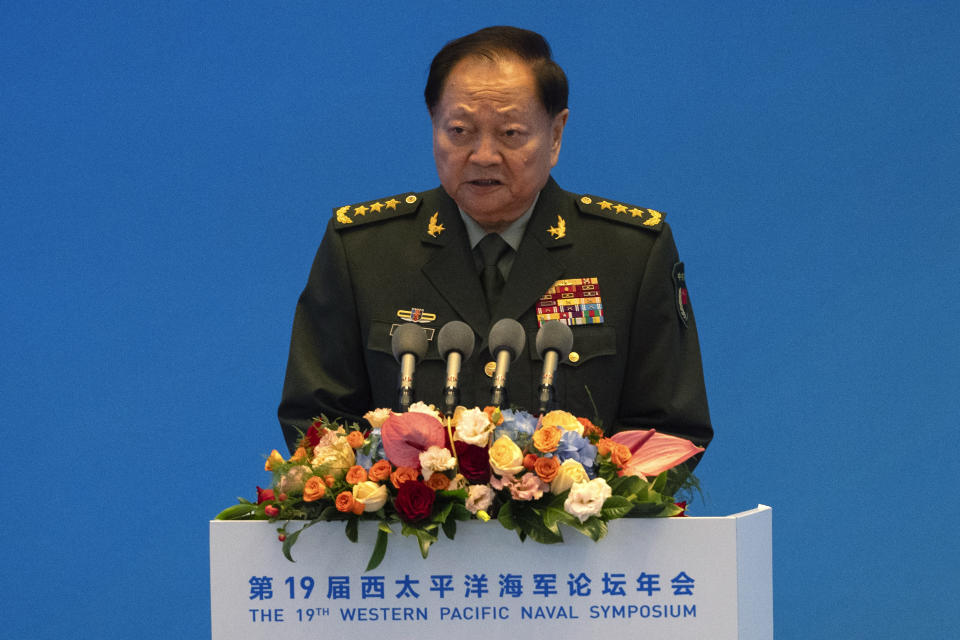 Zhang Youxia, vice chairman of the CPC Central Military Commission, speaks at the Western Pacific Navy Symposium held in Qingdao in eastern China's Shandong province on Monday, April 22, 2024. Zhang, China's second-ranking military leader under Xi Jinping, said China committed to solve maritime disputes through dialogue but warned that International law could not be distorted. (AP Photo/Ng Han Guan)