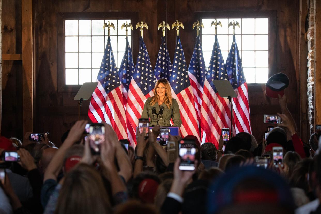 Melania Trump launched a direct attack on her former best friend and media during a fiery campaign speech. (Photo by GABRIELLA AUDI/AFP via Getty Images)