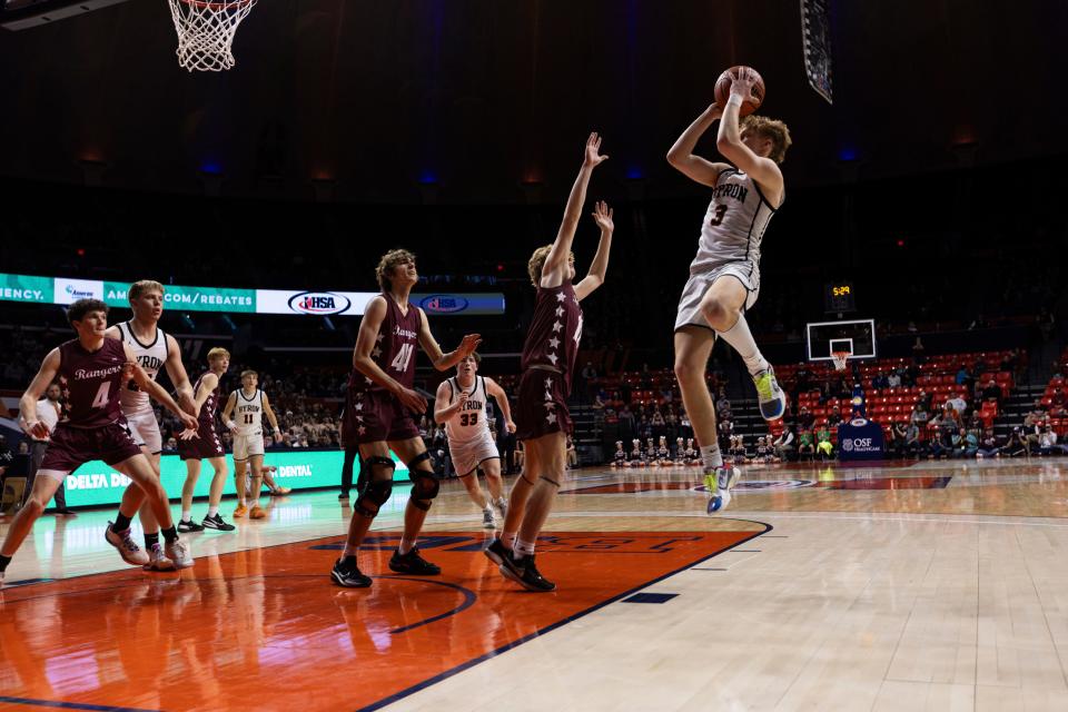 Byron's Carson Buser (3) shoots the ball during the semifinal game against Benton on Thursday, March 7, 2024, at the State Farm Center in Champaign, Illinois.